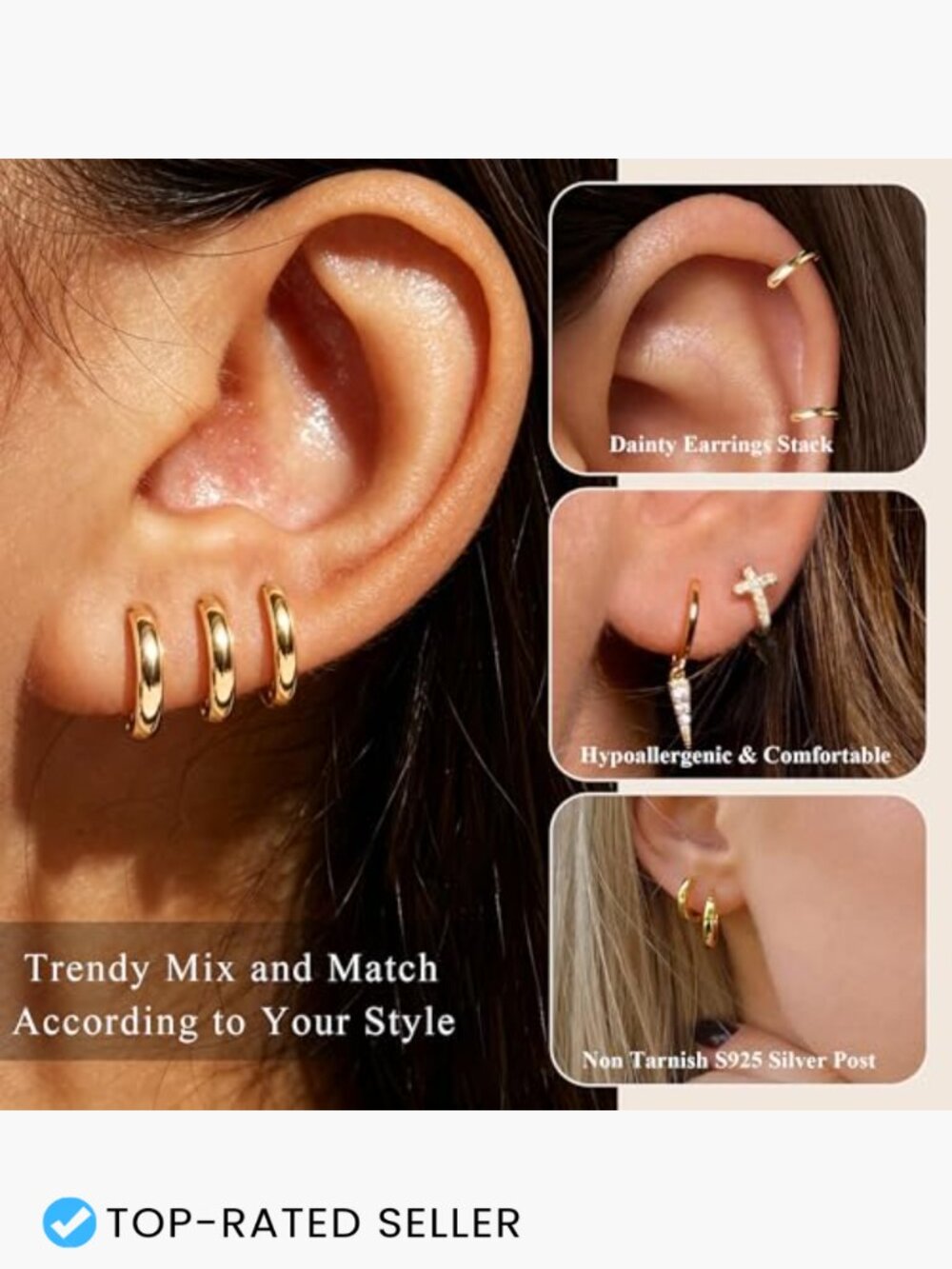 3 Pairs 925 Sterling Silver Huggie Hoop Earring Set Hypoallergenic Non Tarnish - Picture 2 of 7